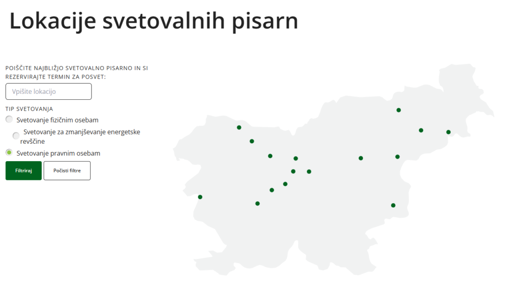 Lokacija svetovalcev ENSVET za podjetja Eko sklad